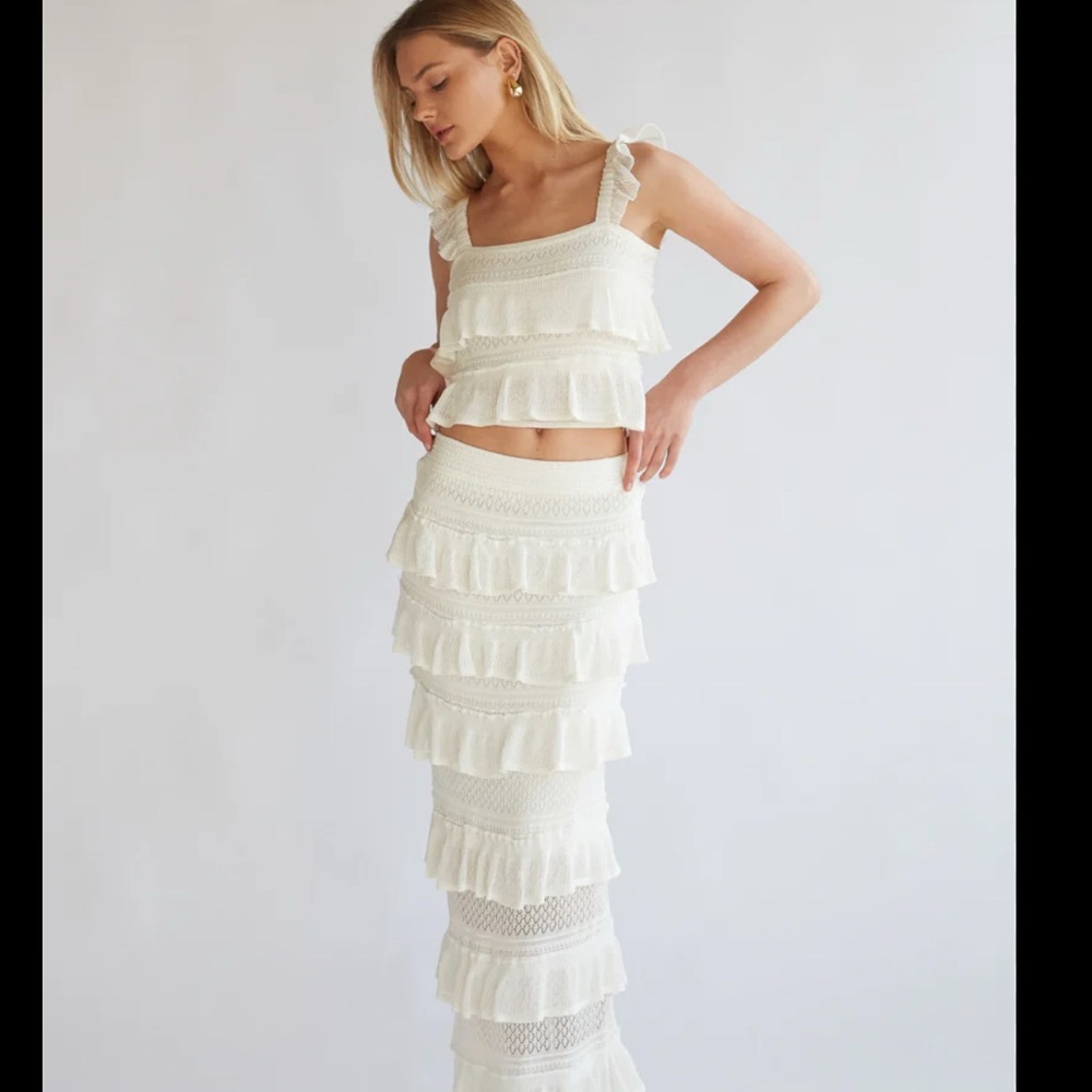 American Threads Colette crochet tiered ruffle top and maxi skirt set